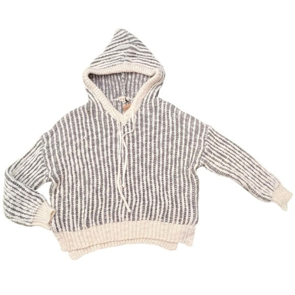 Lala Hoodie POL Thick Knit Wool Blend Sweater Drop Shoulder Small NWT Grey White